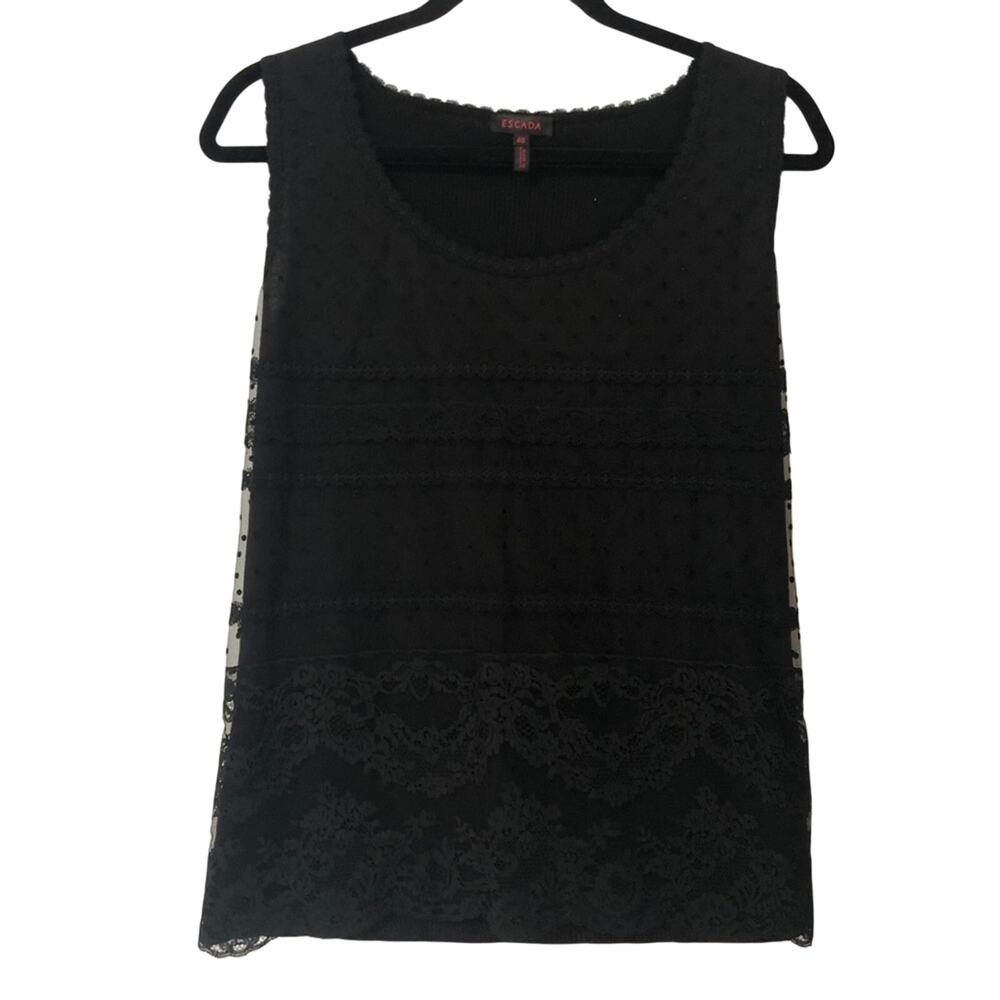 Escada Floral Lace Tank Top Sleeveless Black Womens Sz 40 Ruffled